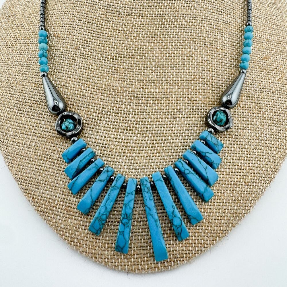 Vintage Turquoise Hematite Statement Necklace Sou… - image 3